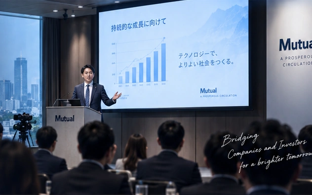 会場の演壇、スクリーン、着席した参加者を描いた説明会開催イメージ